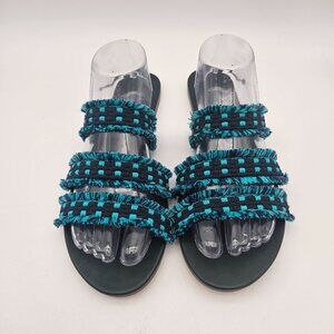 Rothys Triple Strap Fringe Slip On Sandals Blue Flats Womens Sz 10.5 NEW